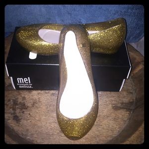 Mel Ultragirl Gold Glitter Open Toe Shoes Sz 3